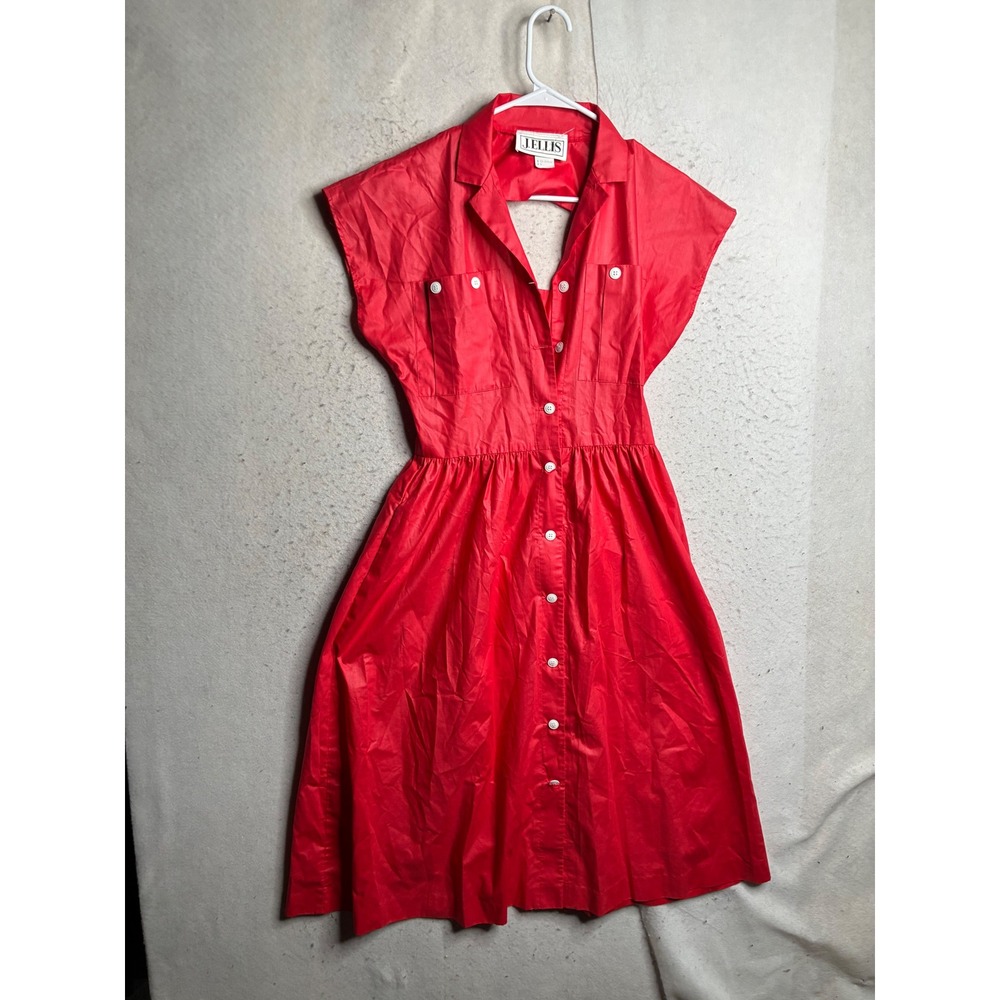 J. Ellis Vintage Red Button Down Shirt Dress Short Sleeve Midi Pockets Size 6